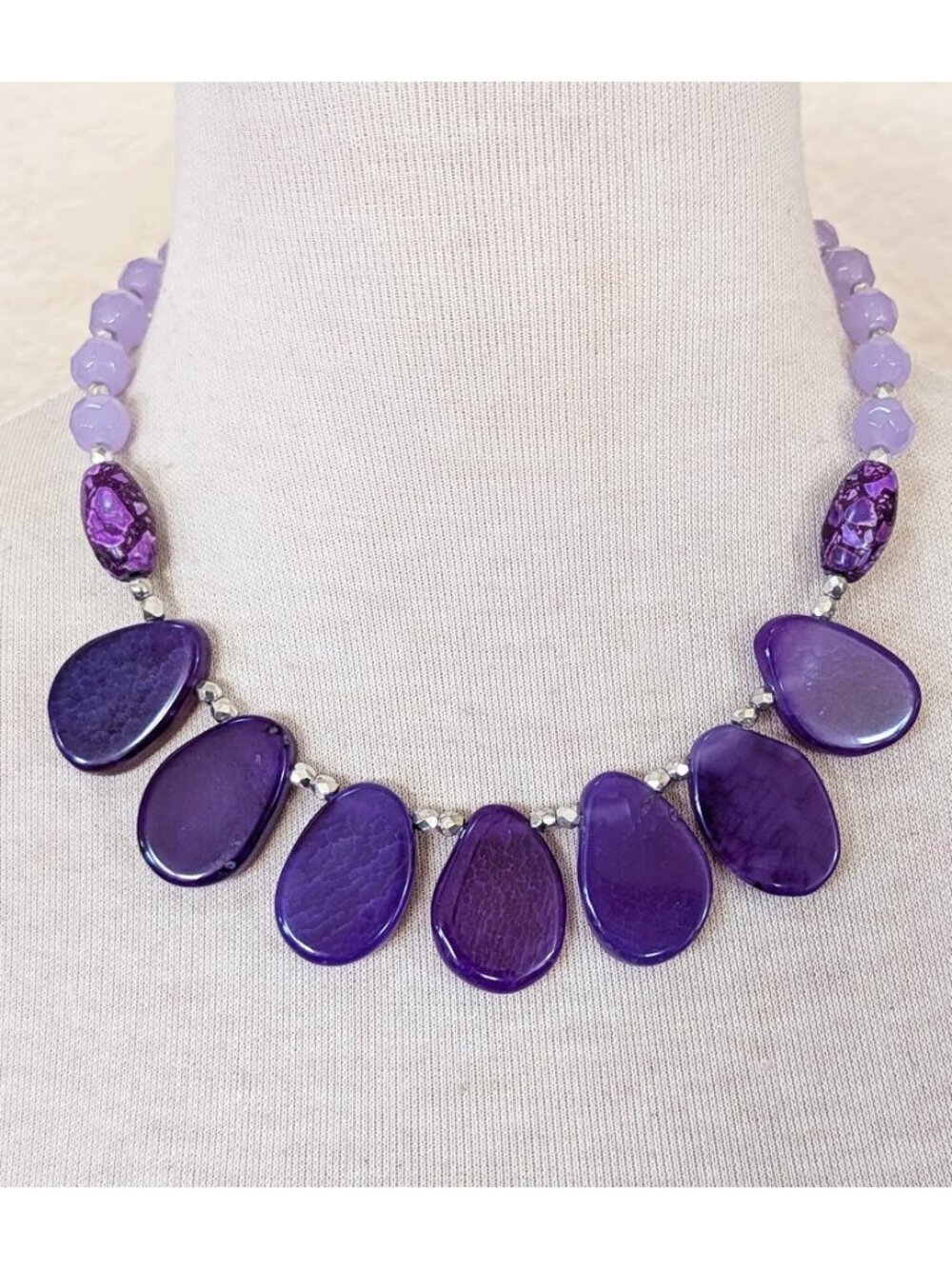 Eggplant Purple & Lilac Purple Agate Petal Bib Statement Necklace